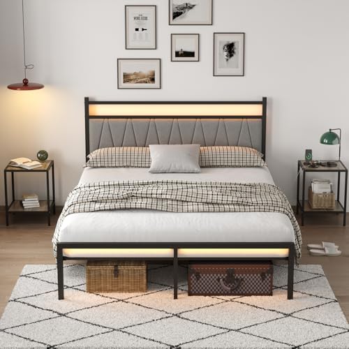 CollaredEagle Full Bed Frame with LED Lights & Charging Station