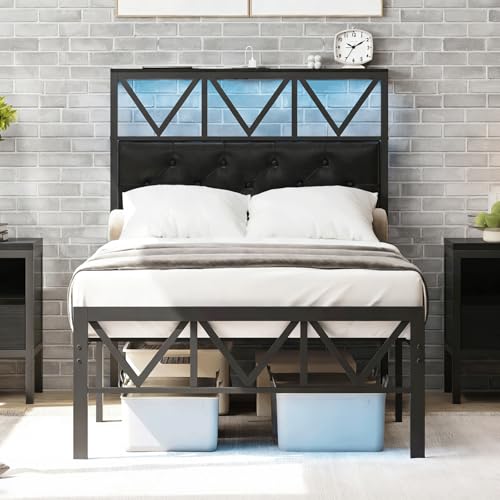 CollaredEagle Twin Size Bed Frame with LED Light and Charging Station