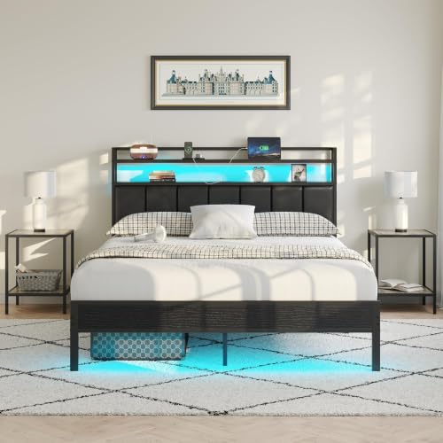Full Size Bed Frame with Upholstered Headboard and 2-Tier Storage Shelves